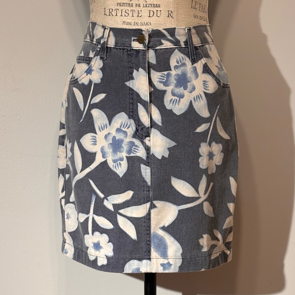 Vintage Jantzen Blue Floral Denim Skirt Size 14 ( EU 46 )